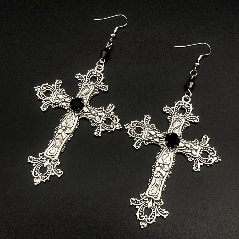 Large Detailed Cross Drill Pendant Jewel Necklace Silver Color Tone Gothic Punk Jewellery Fashion Charm Statement Women