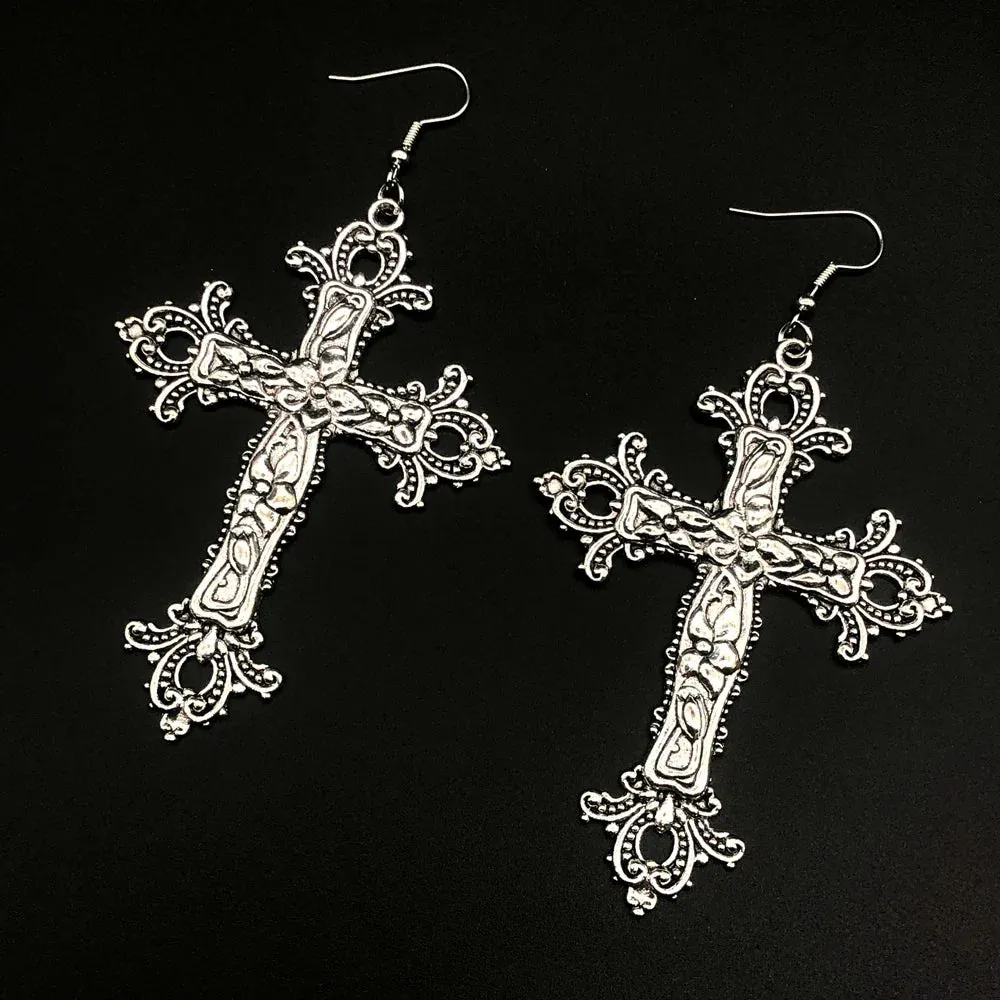 Large Detailed Cross Drill Pendant Jewel Necklace Silver Color Tone Gothic Punk Jewellery Fashion Charm Statement Women