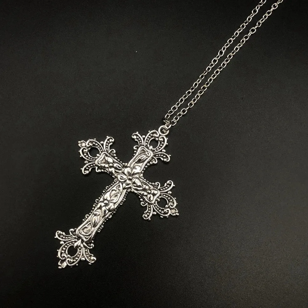 Large Detailed Cross Drill Pendant Jewel Necklace Silver Color Tone Gothic Punk Jewellery Fashion Charm Statement Women