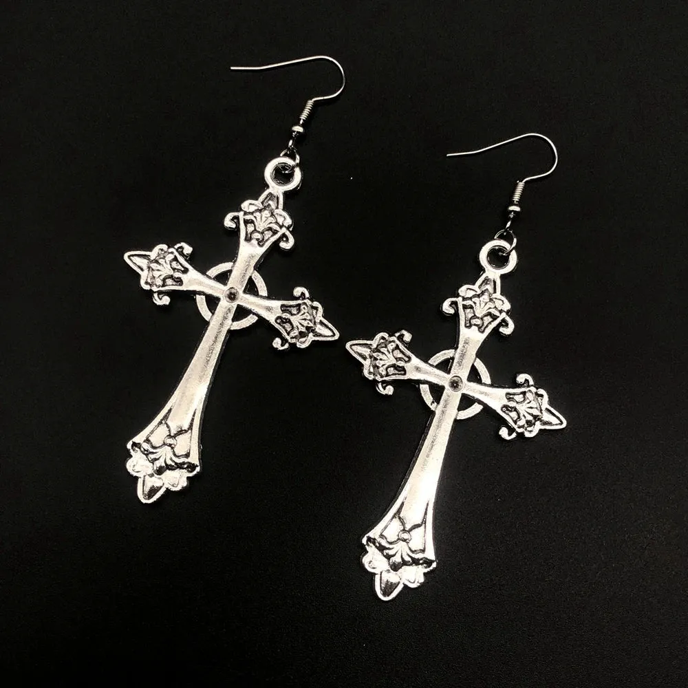 Large Detailed Cross Drill Pendant Jewel Necklace Silver Color Tone Gothic Punk Jewellery Fashion Charm Statement Women