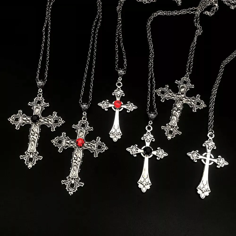 Large Detailed Cross Drill Pendant Jewel Necklace Silver Color Tone Gothic Punk Jewellery Fashion Charm Statement Women