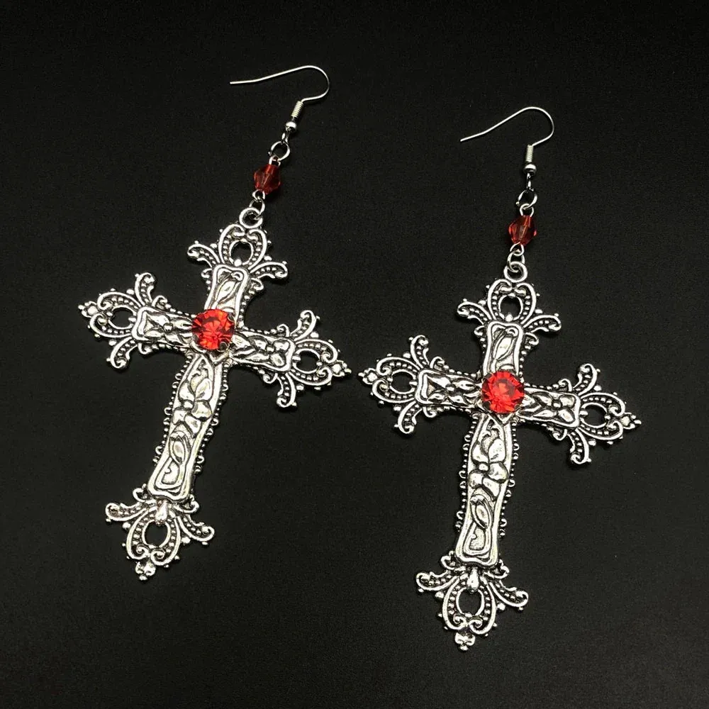 Large Detailed Cross Drill Pendant Jewel Necklace Silver Color Tone Gothic Punk Jewellery Fashion Charm Statement Women