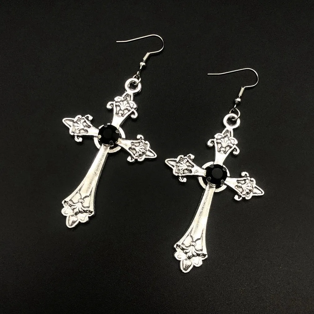 Large Detailed Cross Drill Pendant Jewel Necklace Silver Color Tone Gothic Punk Jewellery Fashion Charm Statement Women