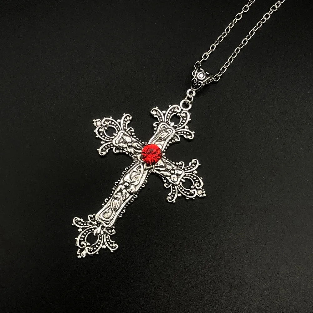 Large Detailed Cross Drill Pendant Jewel Necklace Silver Color Tone Gothic Punk Jewellery Fashion Charm Statement Women