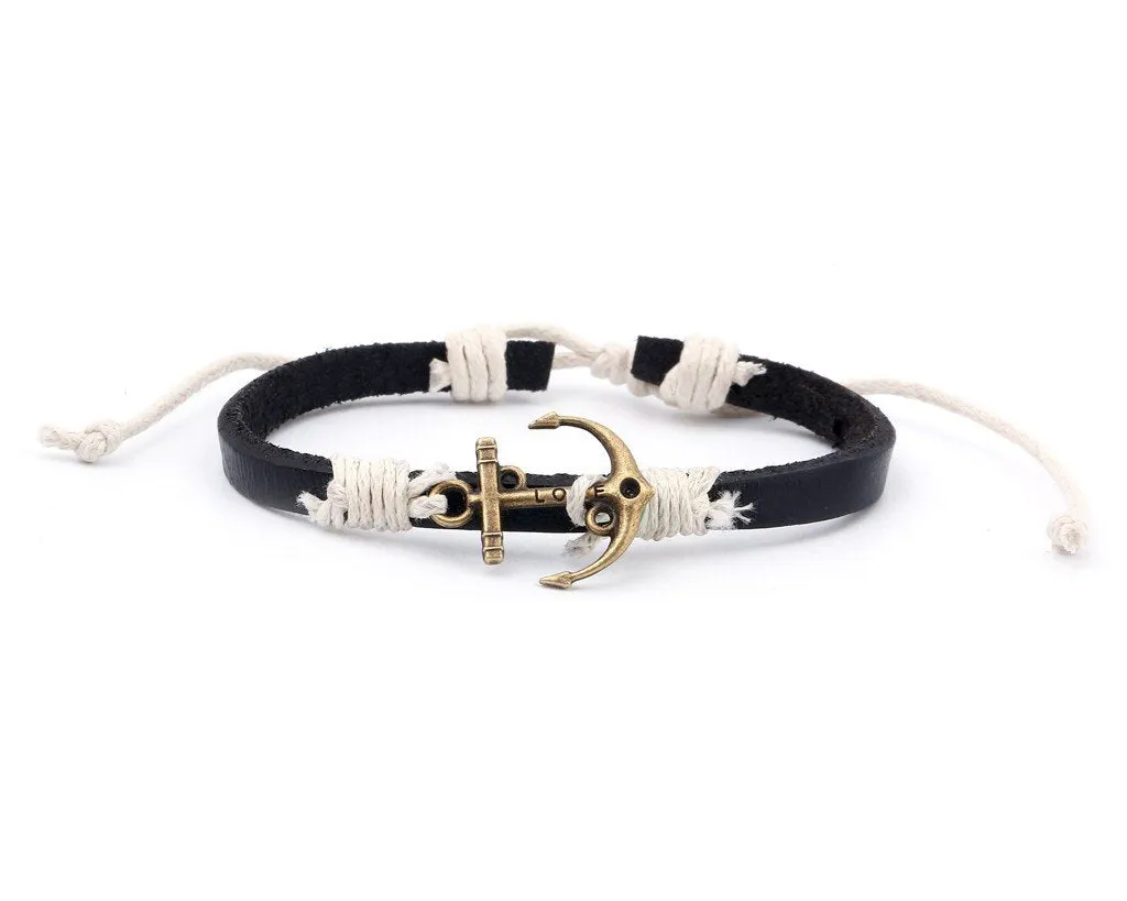 Leather Bracelet Brass love anchor black