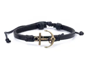 Leather Bracelet Brass love anchor Black