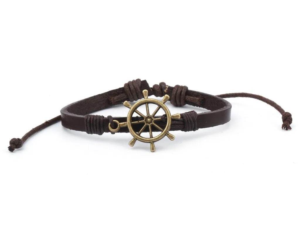 Leather Bracelet Brass Ship Wheel brown