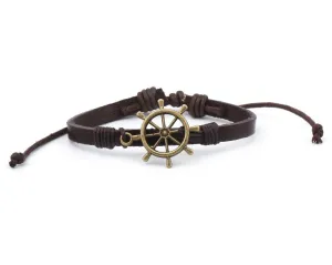 Leather Bracelet Brass Ship Wheel brown