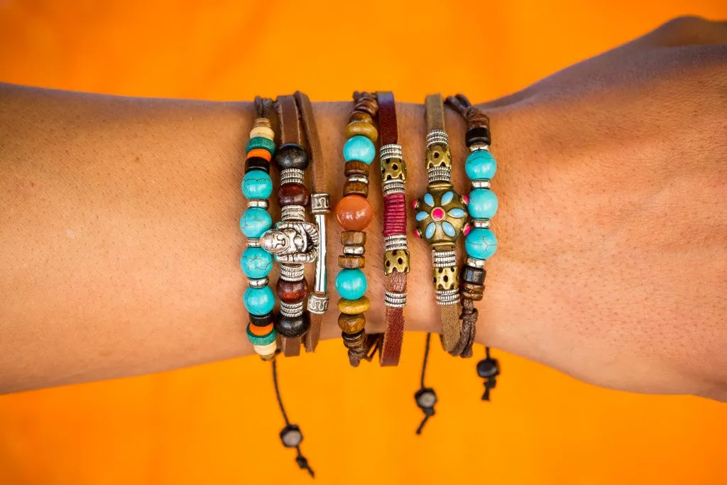 leather bracelet - Ibiza Boho flower charm