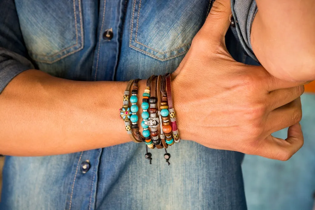 leather bracelet - Ibiza Boho flower charm