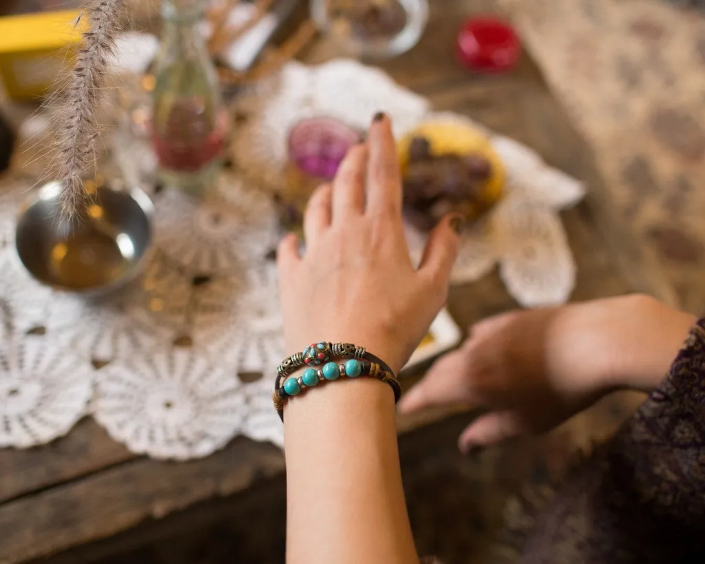 leather bracelet - Ibiza Boho flower charm