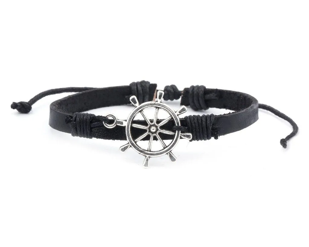 Leather Bracelet metal Ship Wheel black