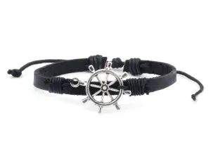 Leather Bracelet metal Ship Wheel black