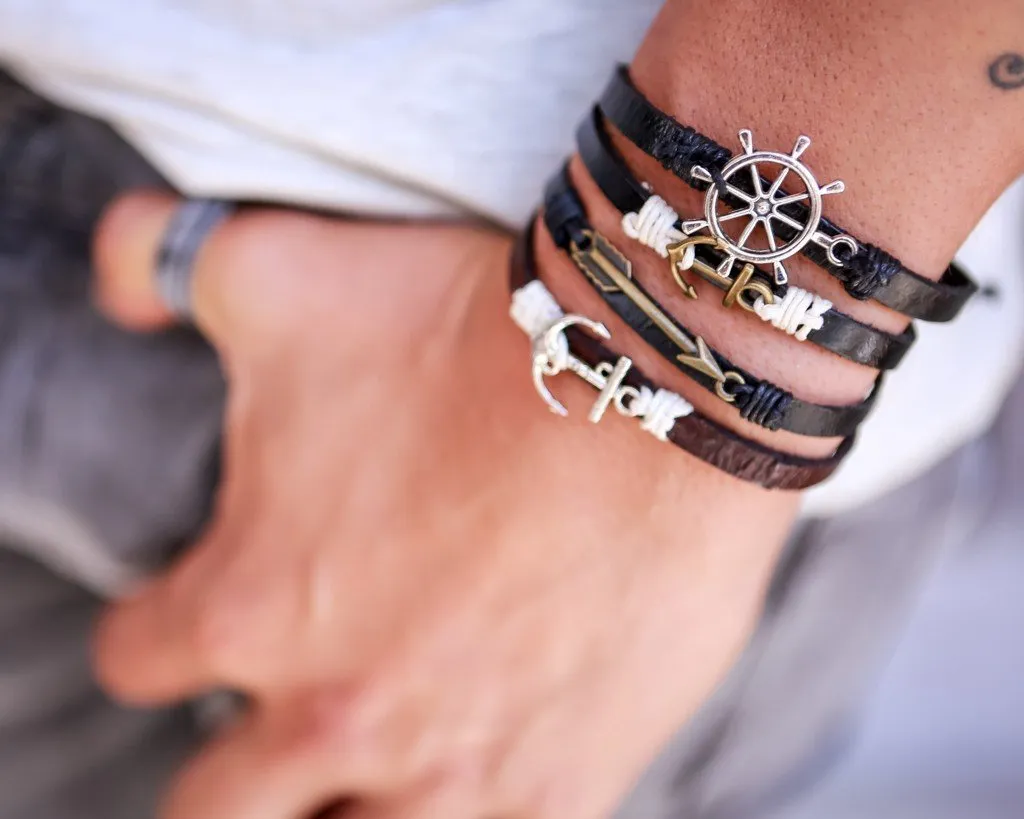 Leather Multistrand Bracelet brass anchor