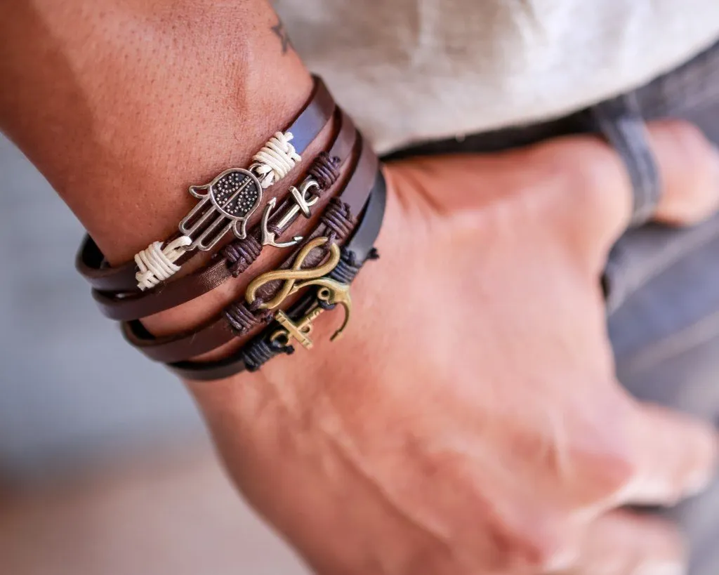 Leather Multistrand Bracelet brass anchor