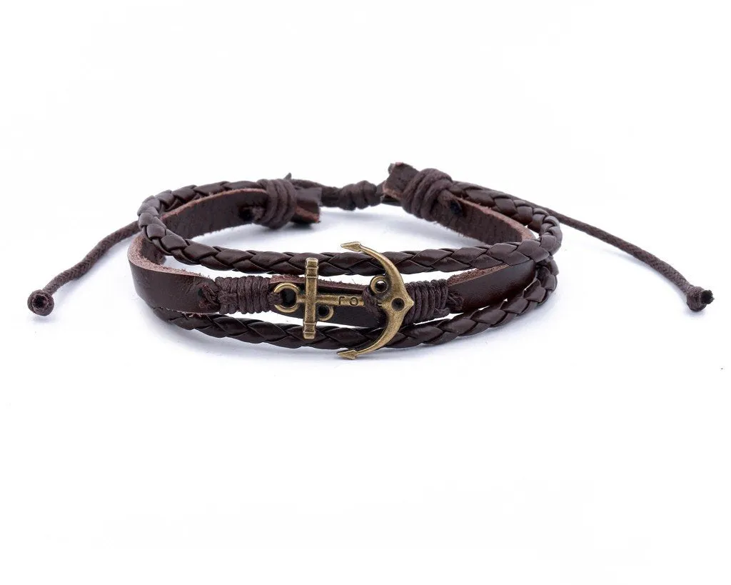 Leather Multistrand Bracelet brass anchor