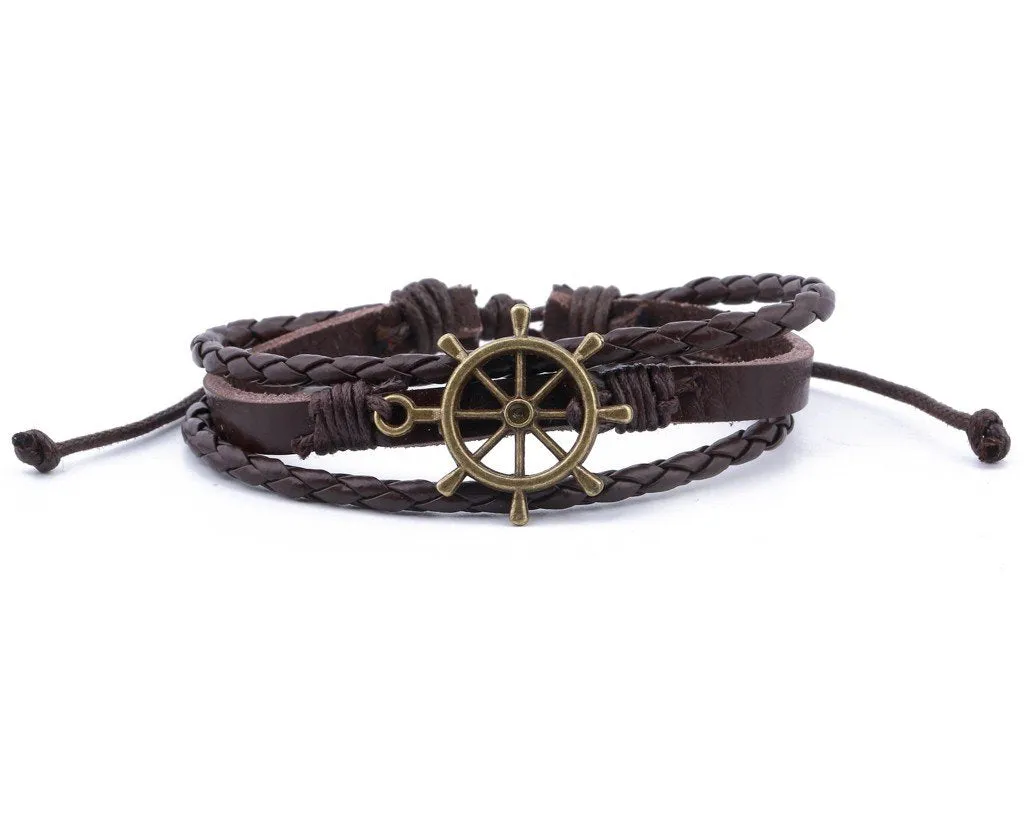 Leather Multistrand Bracelet brass Ship Wheel