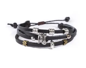 leather multistrand bracelet metallic bead - black