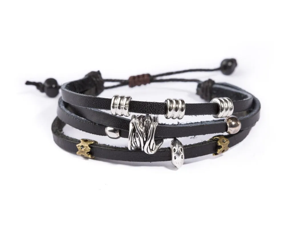 leather multistrand bracelet metallic bead - black