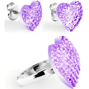 Light Purple Sparkler Heart Adjustable Ring and Stud Earring Set