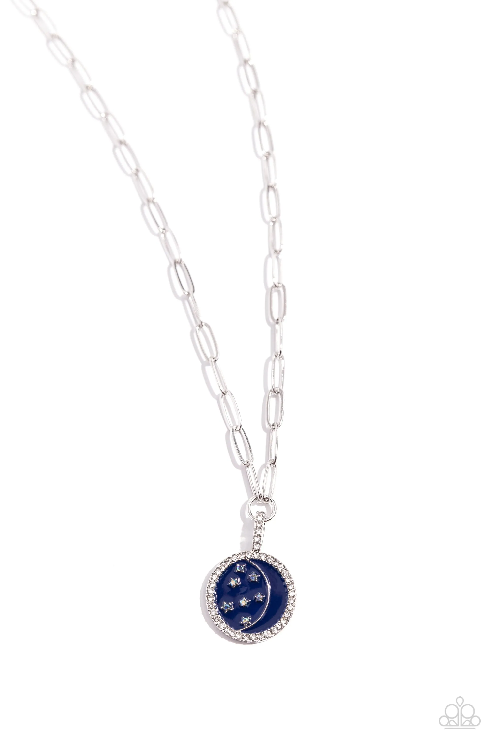 Lunar Liaison - Blue - Navy Painted Disc Iridescent Stars and Moon Paparazzi Short Necklace
