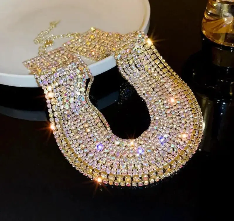 Luxury Multilayers Crystal Chokers Necklaces for Women Rhinestone Chains Necklaces Statements Jewelry