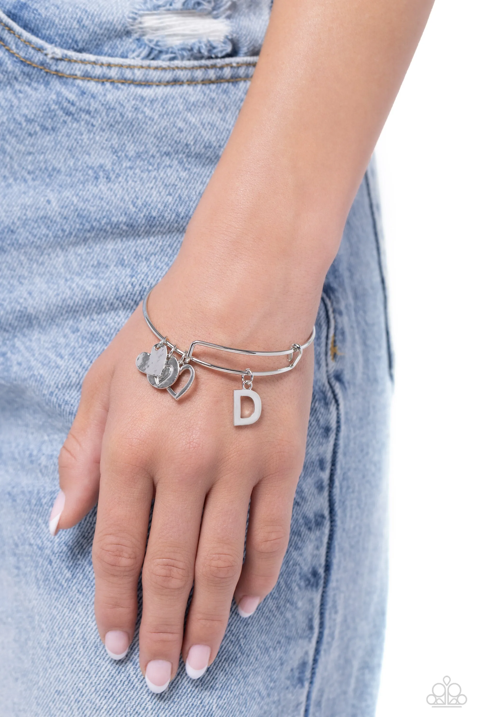 Making It INITIAL - Silver - D - Heart and Letter Charm Paparazzi Bangle Bracelet