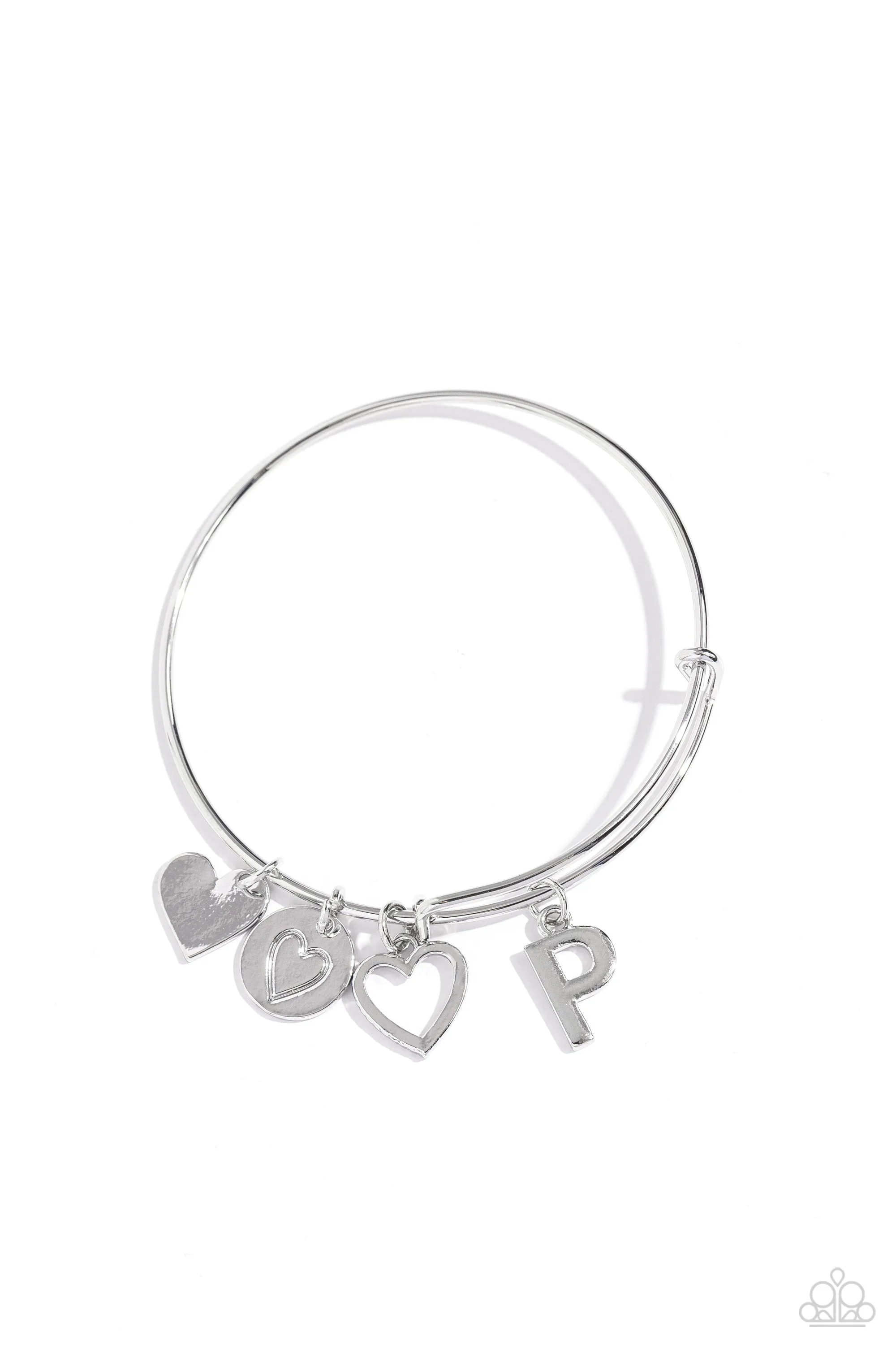 Making It INITIAL - Silver - P - Heart and Letter Charm Paparazzi Bangle Bracelet
