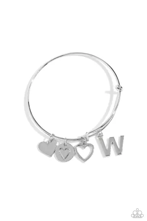 Making It INITIAL - Silver - W - Heart and Letter Charm Paparazzi Bangle Bracelet