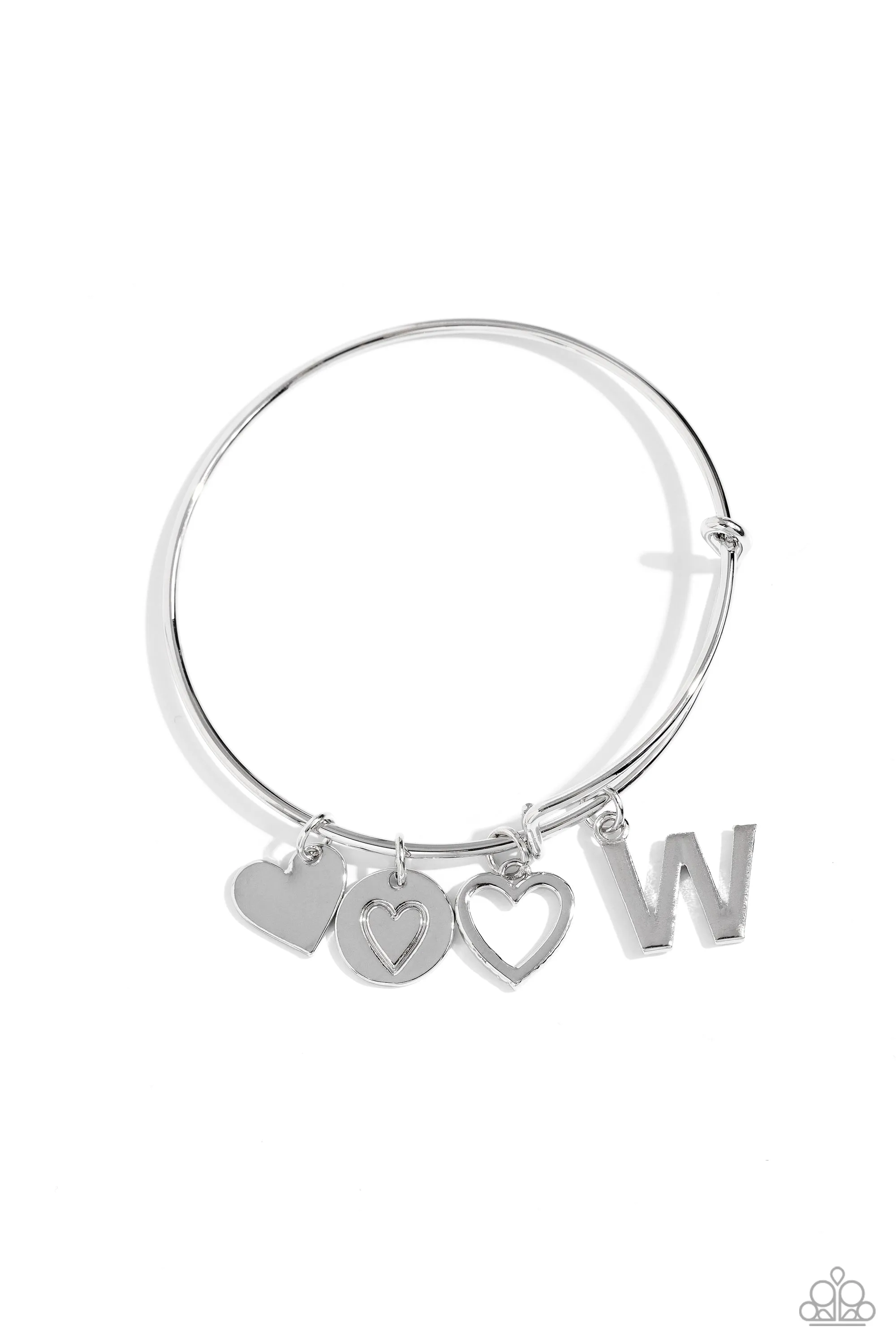 Making It INITIAL - Silver - W - Heart and Letter Charm Paparazzi Bangle Bracelet