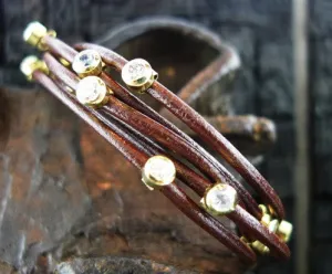 Marcia Moran Five Strand Leather Cord Bracelet Studded with CZs in Gold Finish