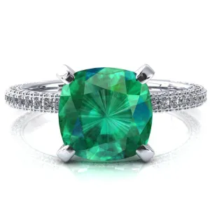 Mariyah Cushion Emerald 4 Prong 3/4 Eternity 3 Sided Diamond Shank Engagement Ring