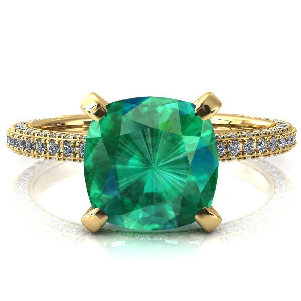 Mariyah Cushion Emerald 4 Prong 3/4 Eternity 3 Sided Diamond Shank Engagement Ring