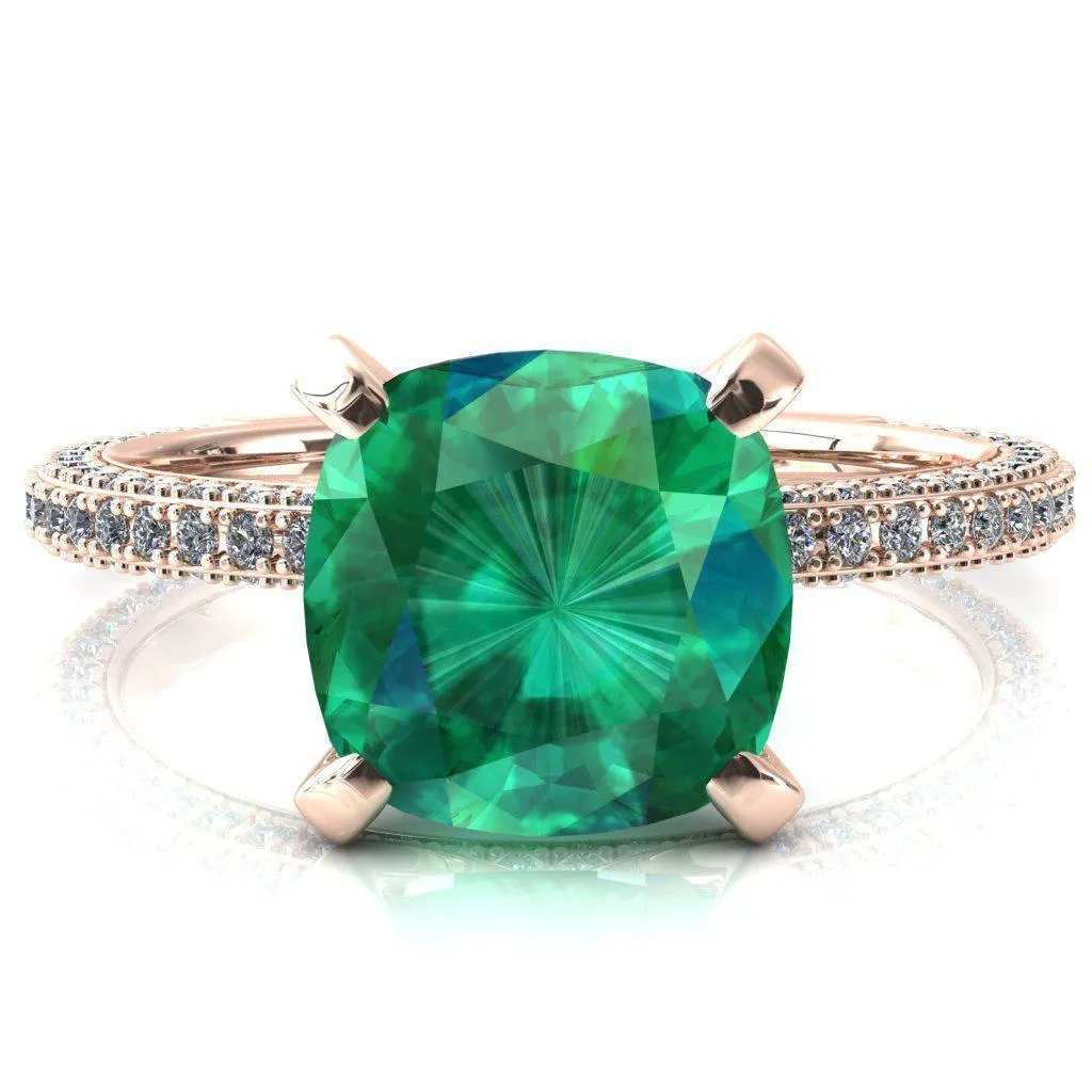 Mariyah Cushion Emerald 4 Prong 3/4 Eternity 3 Sided Diamond Shank Engagement Ring