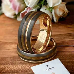Matching Set "Copper Gentleman" “Lady Roses ” Tungsten Ring With Reclaimed Whiskey Barrel Wood