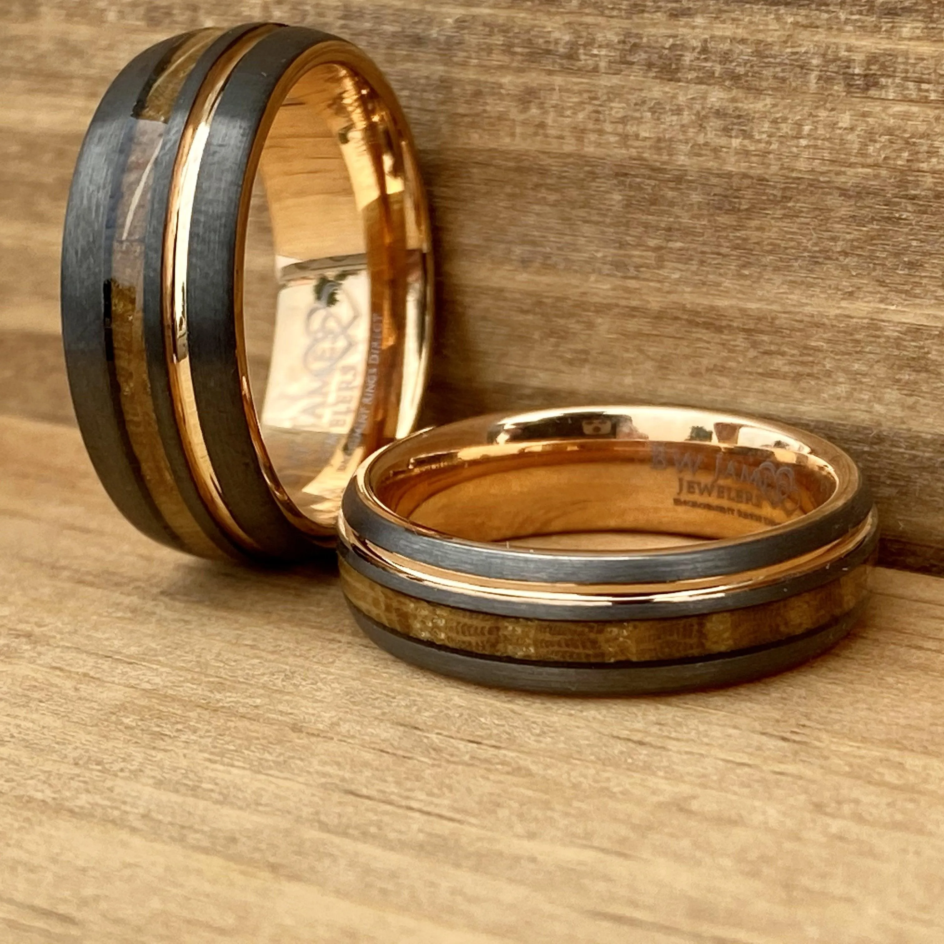 Matching Set "Copper Gentleman" “Lady Roses ” Tungsten Ring With Reclaimed Whiskey Barrel Wood