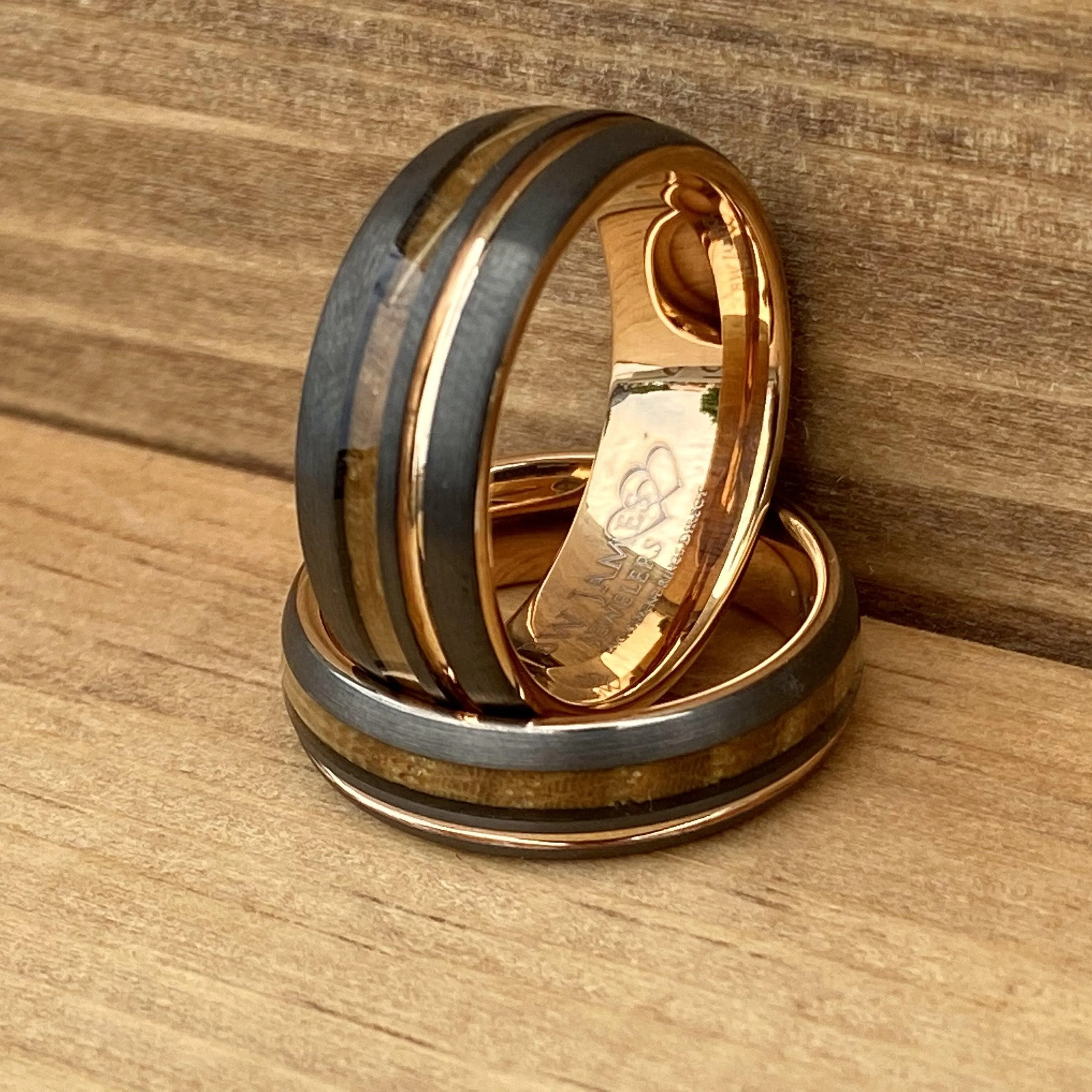 Matching Set "Copper Gentleman" “Lady Roses ” Tungsten Ring With Reclaimed Whiskey Barrel Wood