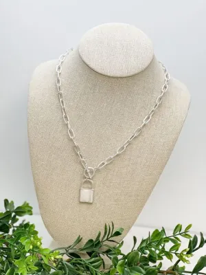 Matte Chain Link Lock Pendant Necklace - Silver