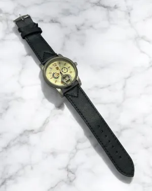 Men Silver Face & Black Strap Watch