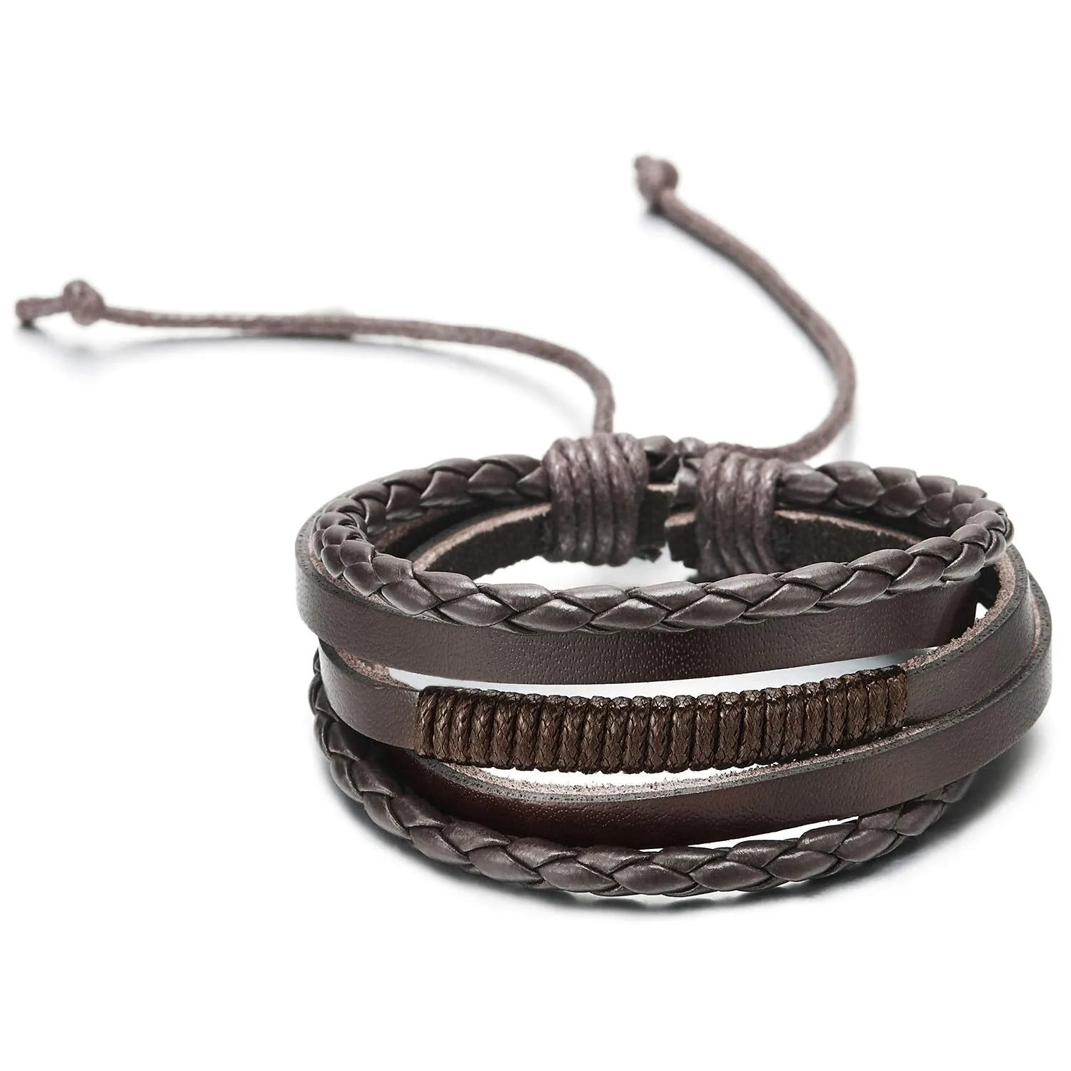 Men Women Hand-Made Multi-Strand Brown Braided Leather Wristband Bracelet with Brown Cotton Rope