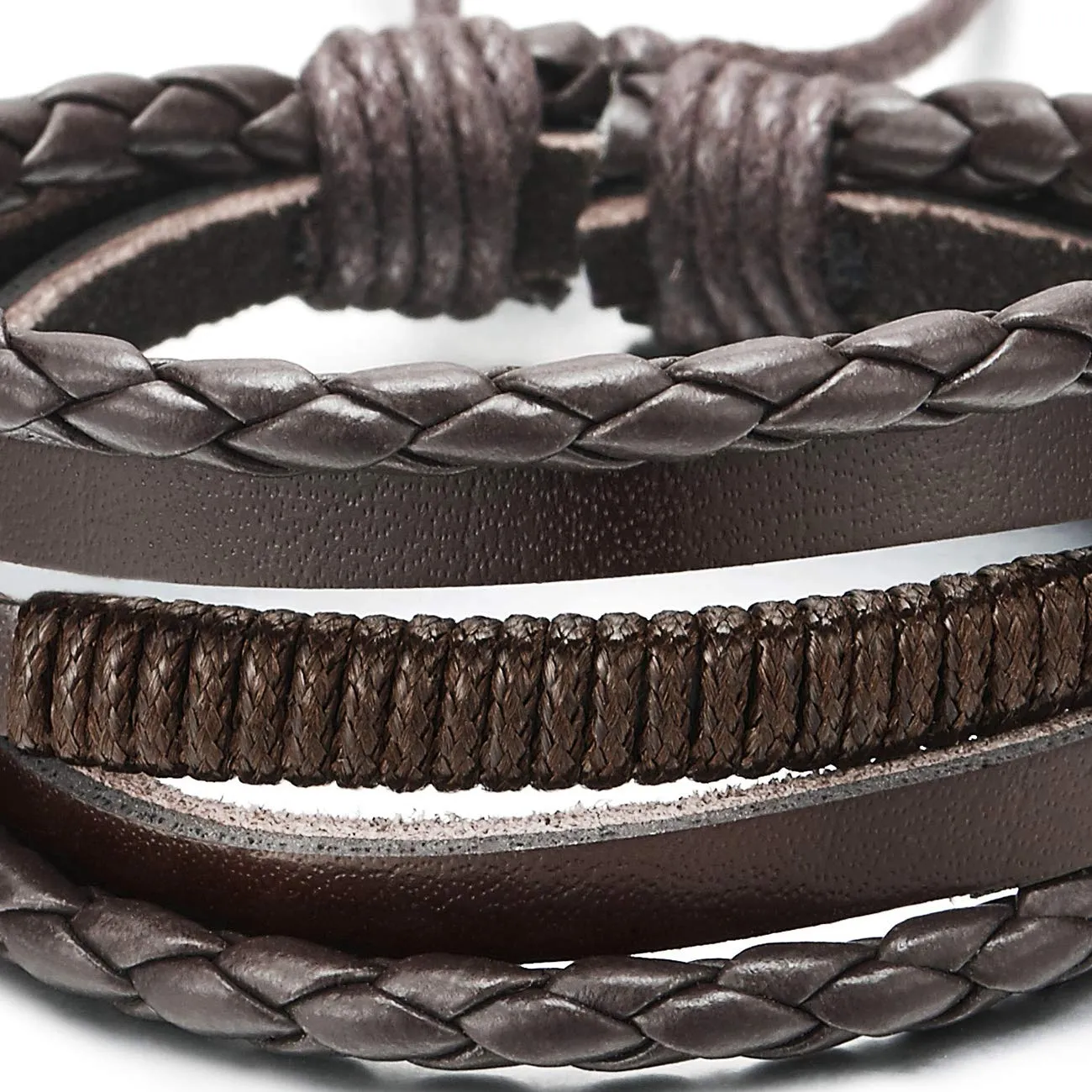 Men Women Hand-Made Multi-Strand Brown Braided Leather Wristband Bracelet with Brown Cotton Rope