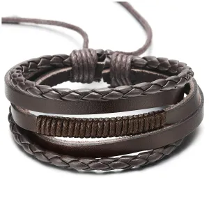 Men Women Hand-Made Multi-Strand Brown Braided Leather Wristband Bracelet with Brown Cotton Rope