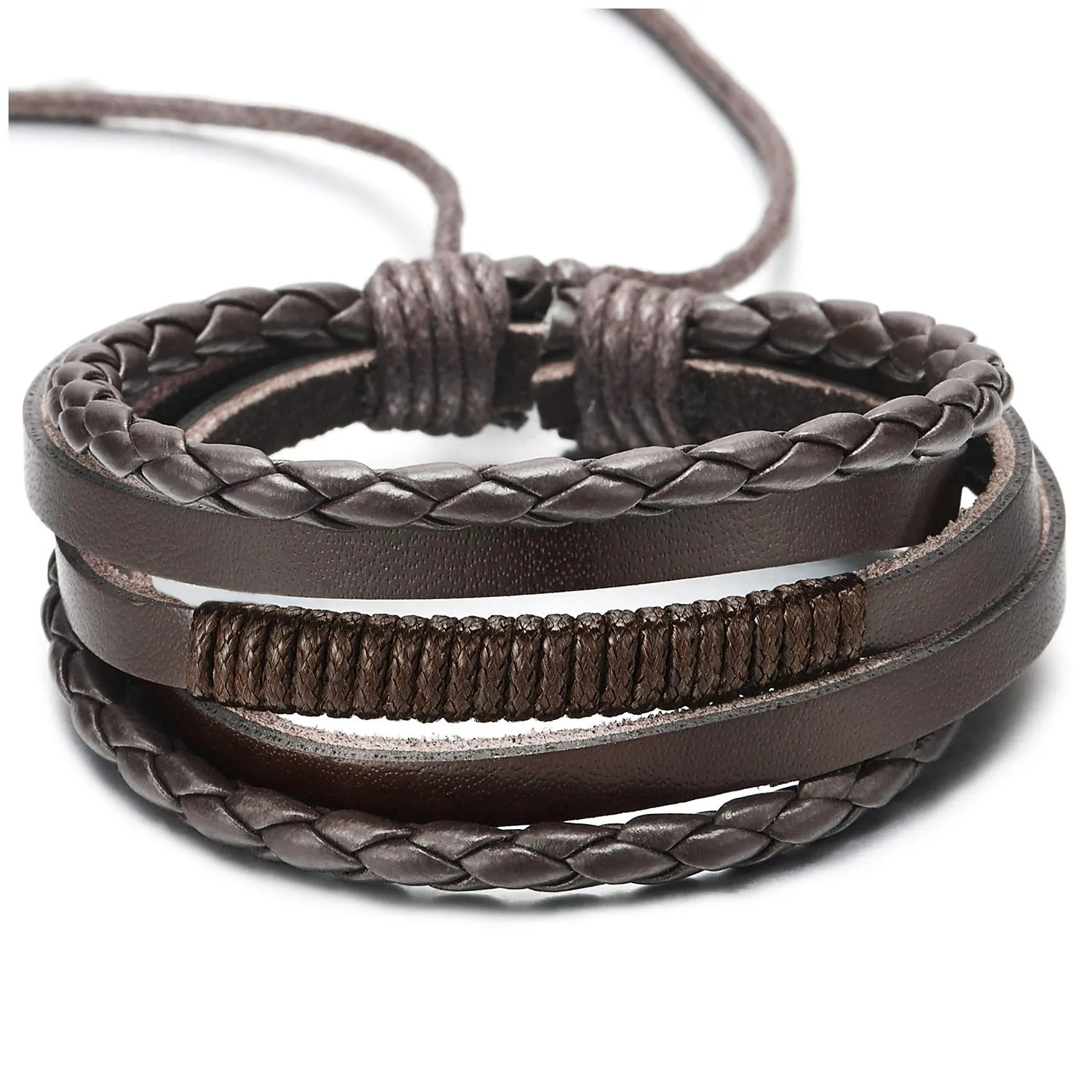 Men Women Hand-Made Multi-Strand Brown Braided Leather Wristband Bracelet with Brown Cotton Rope
