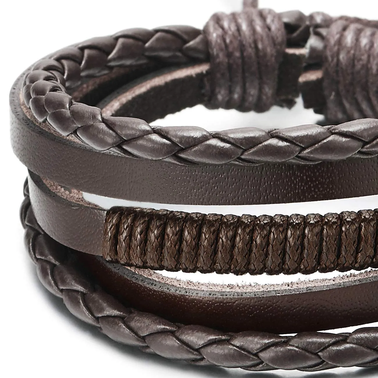 Men Women Hand-Made Multi-Strand Brown Braided Leather Wristband Bracelet with Brown Cotton Rope