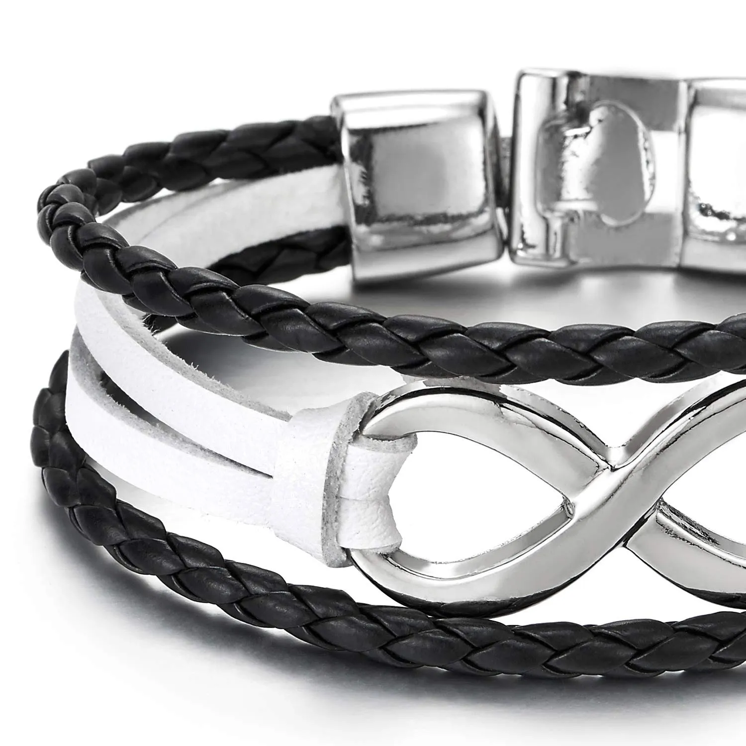Men Women Infinity Love Number 8 White Black Braided Leather Bracelet, Three-Row Leather Wristband