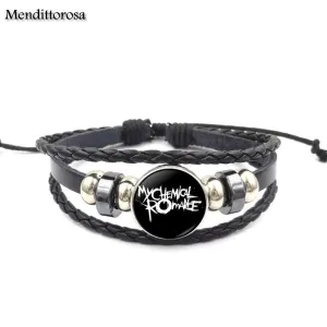Mendittorosa Letter of My Chemical Romance Brand Jewelry Black Leather Bracelet Bangle Glass Dome For Child