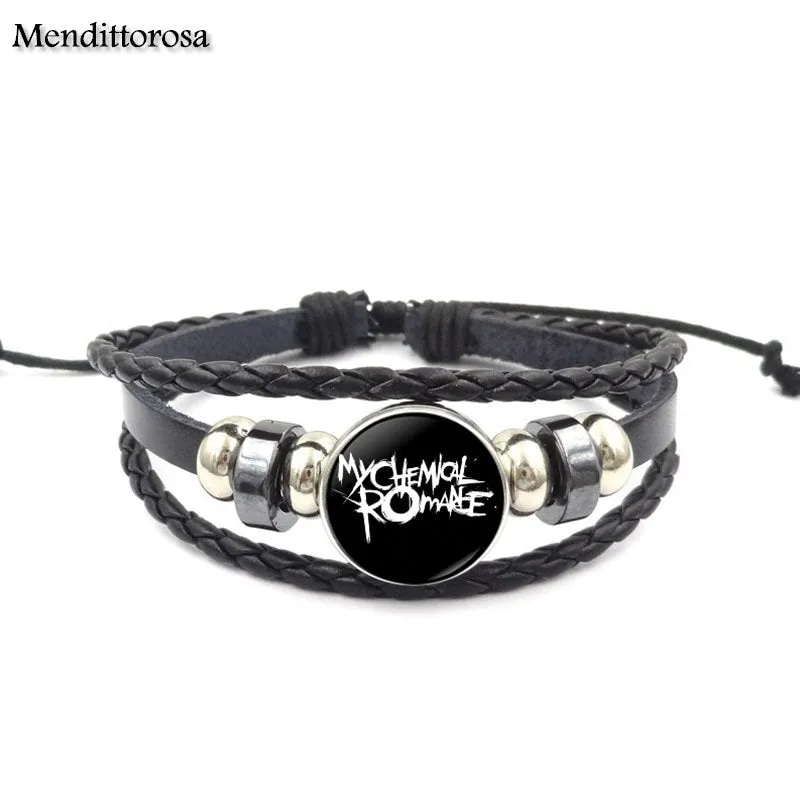 Mendittorosa Letter of My Chemical Romance Brand Jewelry Black Leather Bracelet Bangle Glass Dome For Child