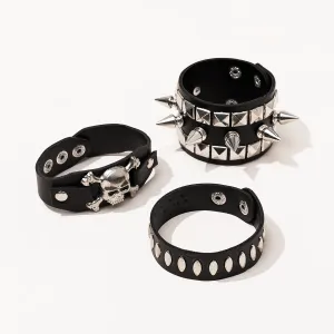 Men's 3pcs Set Gothic Rivet Skull Leather Bracelet