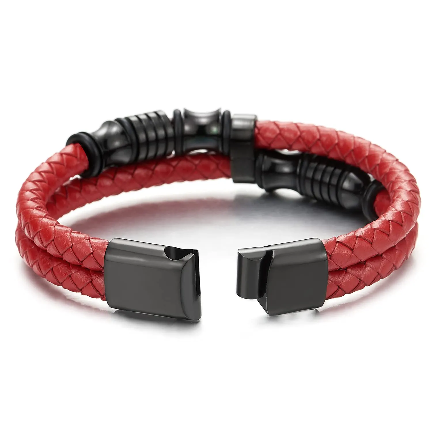 Mens Double-Row Red Braided Leather Bracelet Bangle Wristband with Black Stainless Steel Ornaments
