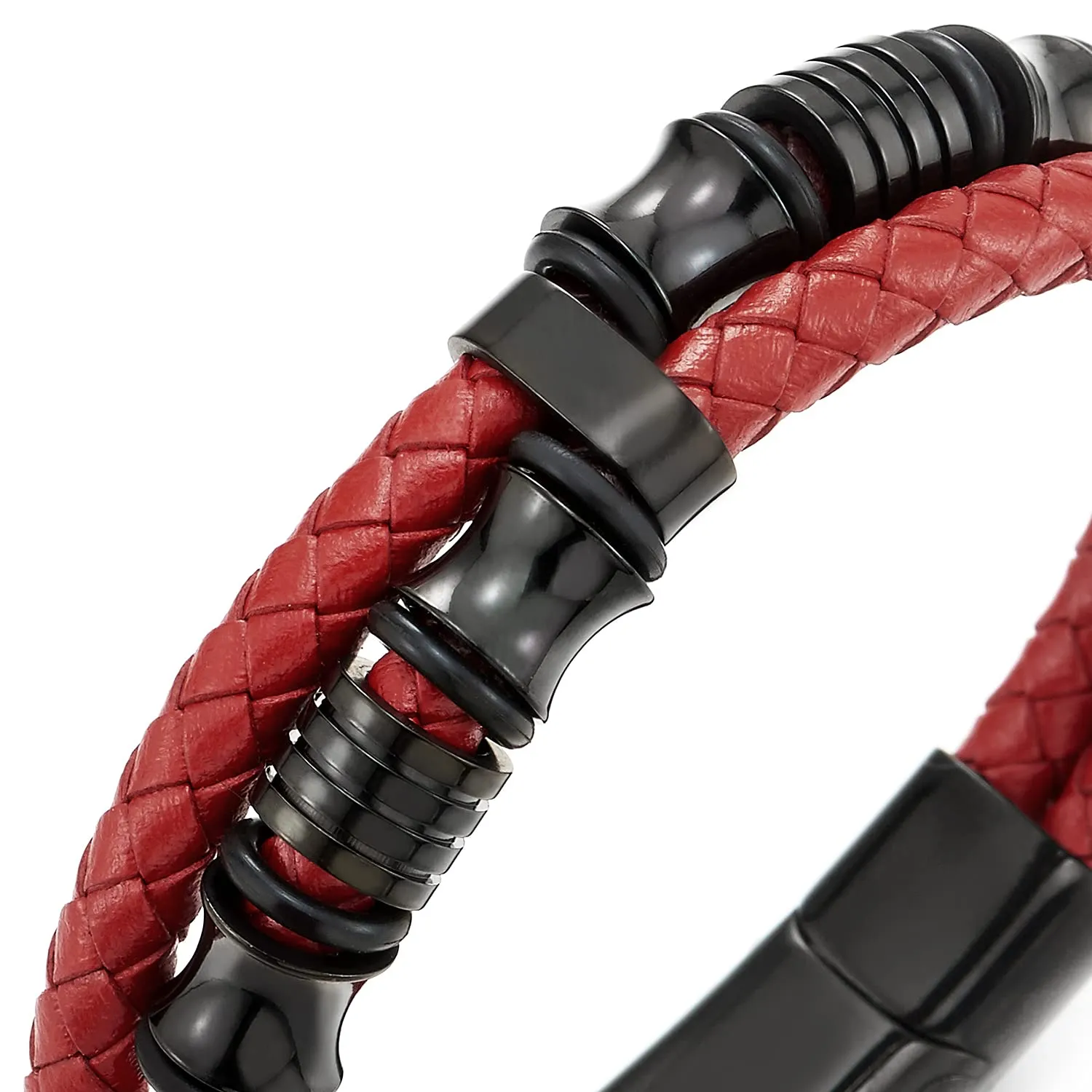 Mens Double-Row Red Braided Leather Bracelet Bangle Wristband with Black Stainless Steel Ornaments